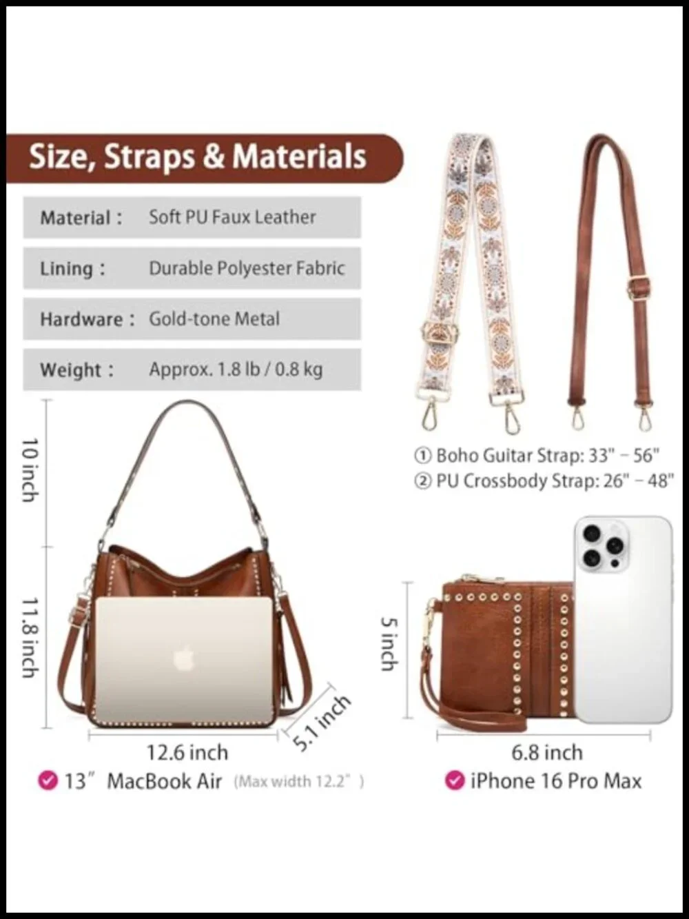 Hobo Studded Purse and Wallet Set for Women, Faux Leather Shoulder Bag